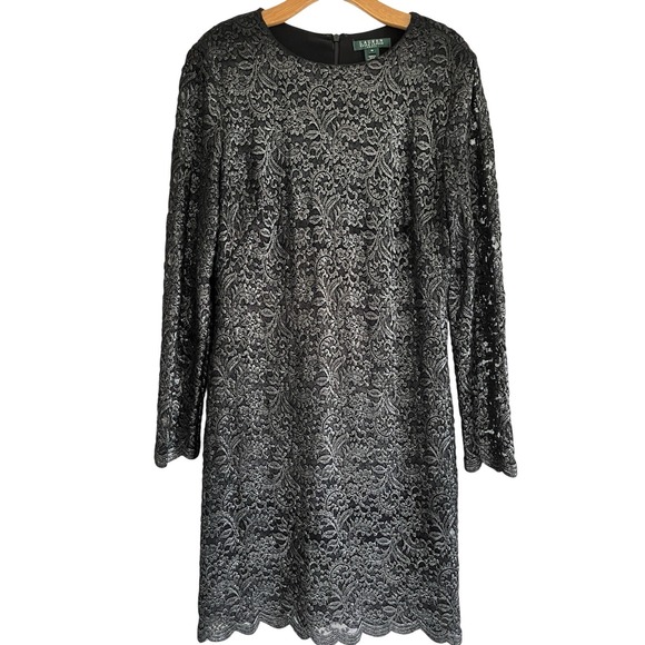 Lauren Ralph Lauren Dresses & Skirts - Lauren Ralph Lauren LRL Cocktail Dress  16 Scalloped Metallic Lace Black Evening